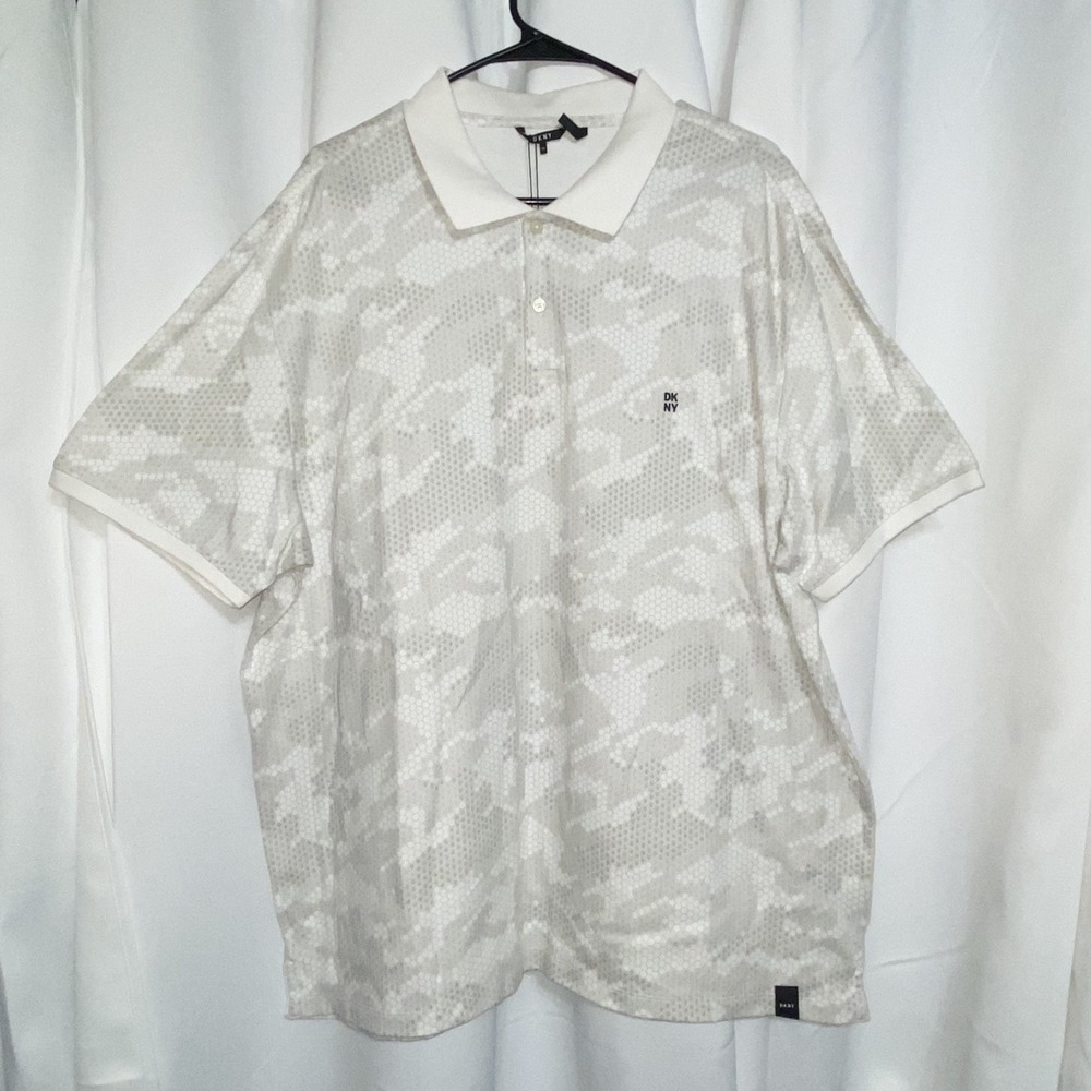 DKNY Mens‎ 2XL Short Sleeve Button Up Collared Shirt Stretch White Geometric NWT